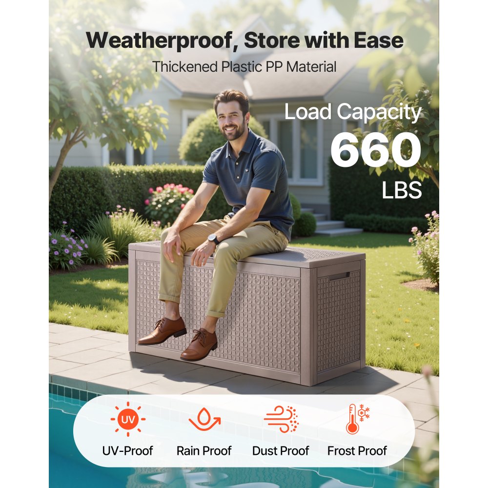 VEVOR Deck Box, 100 Gallon Outdoor Storage Box, 48.0" x 21.5" x 24.5", Waterproof PP Deckbox with Aluminum Alloy Padlock, for Patio Furniture, Pool Toys, Garden Tools, Outdoor Cushions, Gray