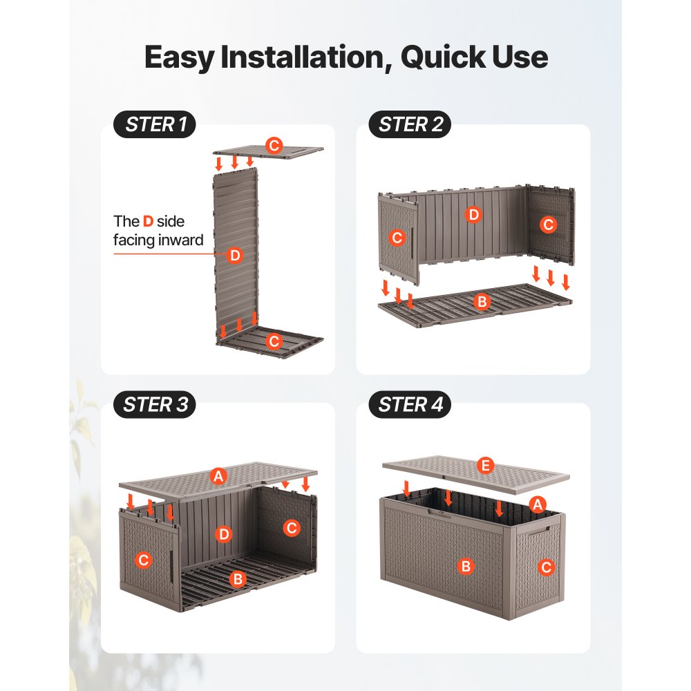 VEVOR Deck Box, 100 Gallon Outdoor Storage Box, 48.0" x 21.5" x 24.5", Waterproof PP Deckbox with Aluminum Alloy Padlock, for Patio Furniture, Pool Toys, Garden Tools, Outdoor Cushions, Gray