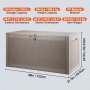 VEVOR deck box with 100-gallon storage, 660 lbs capacity, pp material, lockable lid, and detailed dimensions.