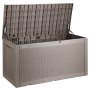 open VEVOR deck box with a brown wicker-like design and a hinged lid for outdoor storage.