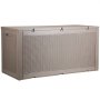 VEVOR deck box with woven design, beige color, sturdy handles, and secure lid for outdoor storage.