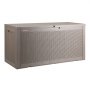brown wicker-style plastic VEVOR deck box with handles and a lockable lid seen against white background.
