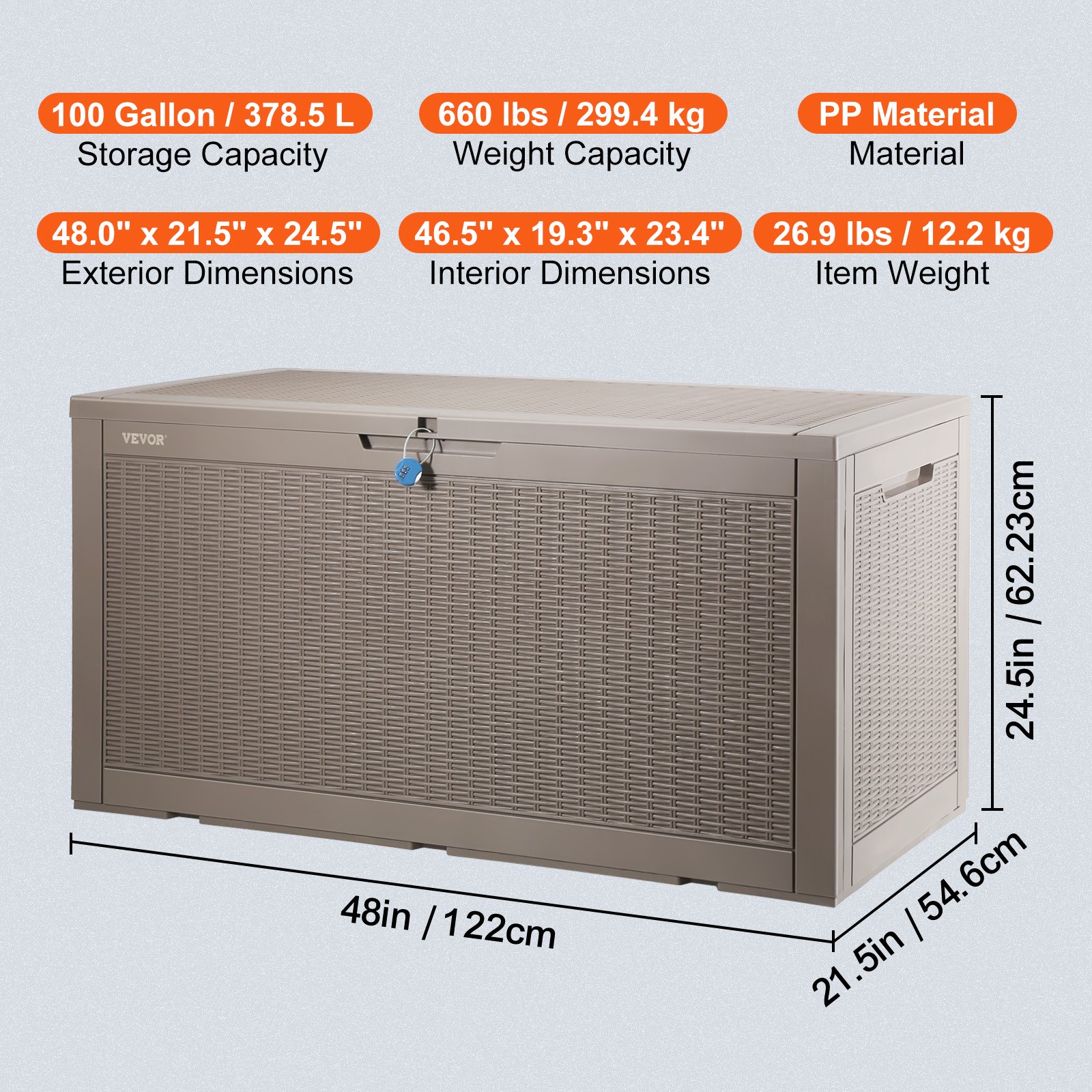 VEVOR deck box with 100-gallon storage, 660 lbs capacity, pp material, lockable lid, and detailed dimensions.