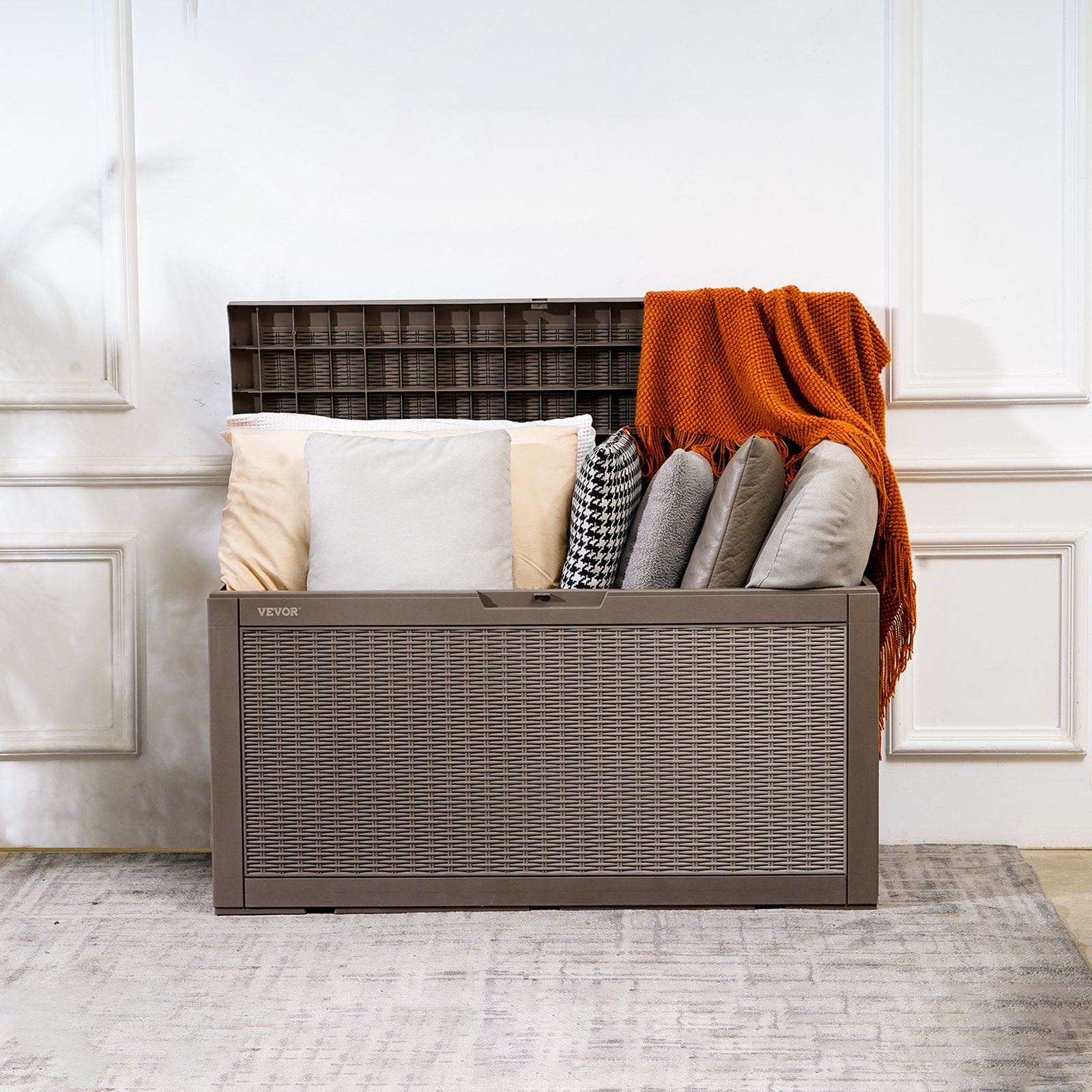 VEVOR deck box by pool with inflatable rings stored inside, adding stylish outdoor storage.
