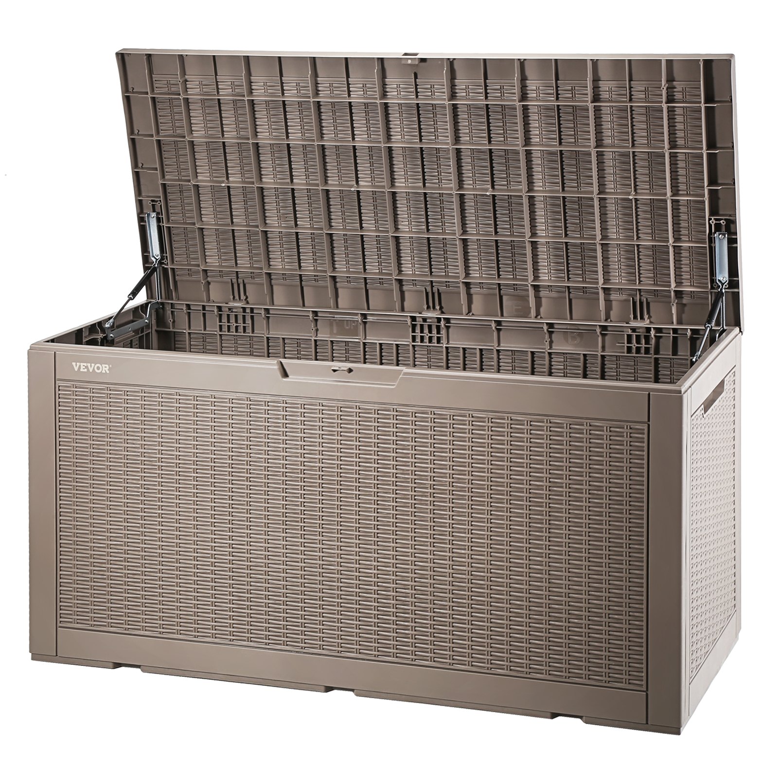 open VEVOR deck box in brown with a textured surface and durable hinges for outdoor storage.