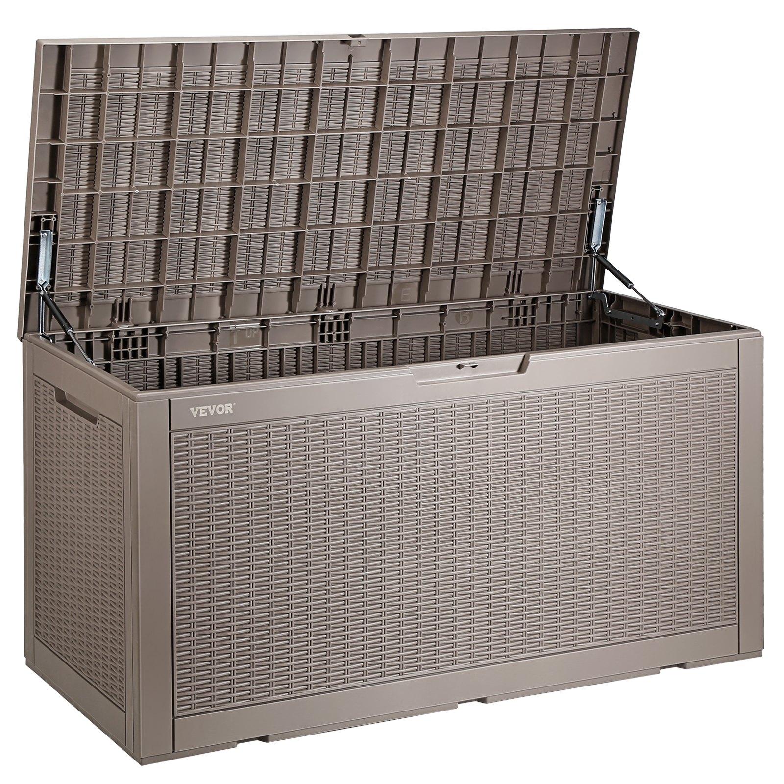 open VEVOR deck box with a brown wicker-like design and a hinged lid for outdoor storage.