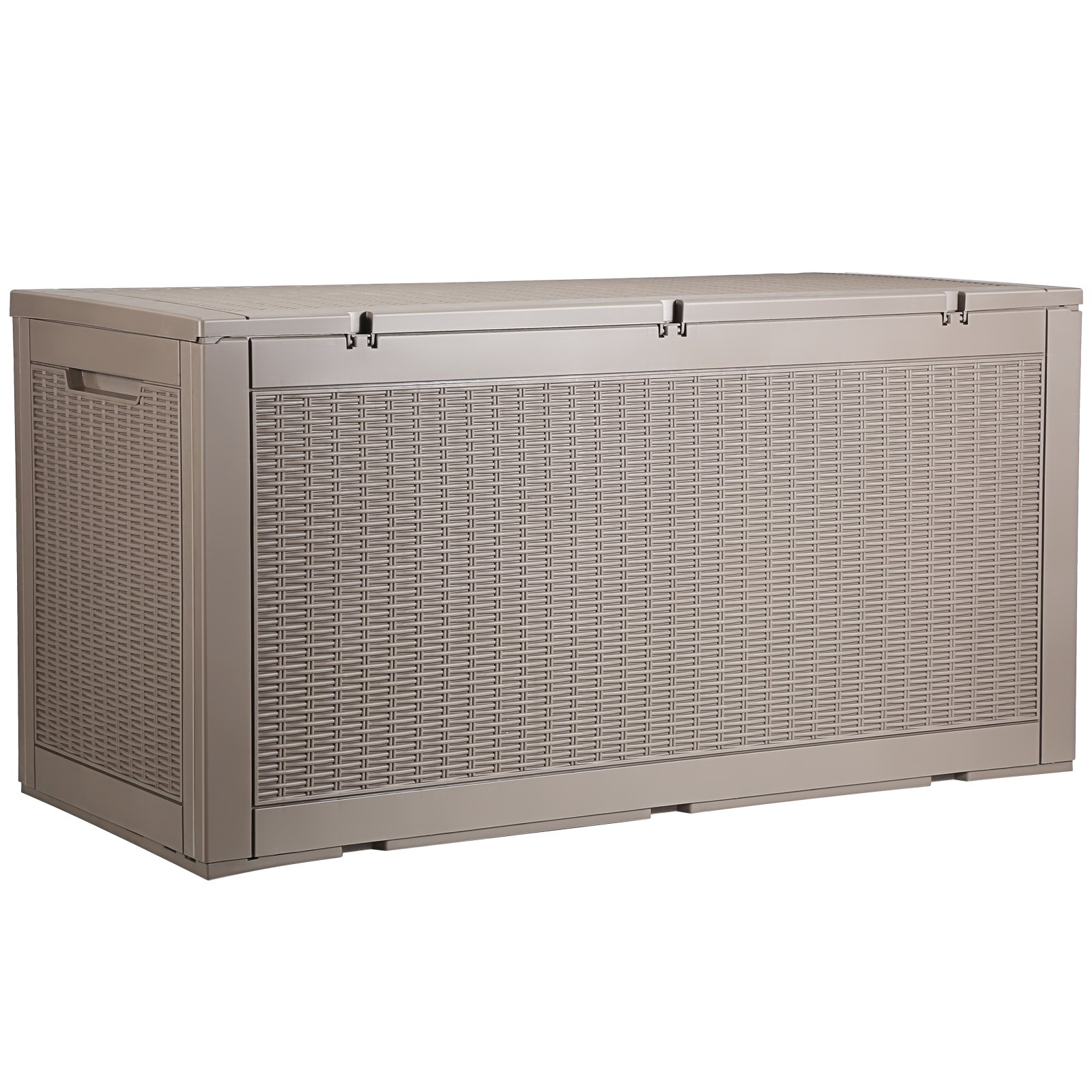 VEVOR deck box with woven design, beige color, sturdy handles, and secure lid for outdoor storage.