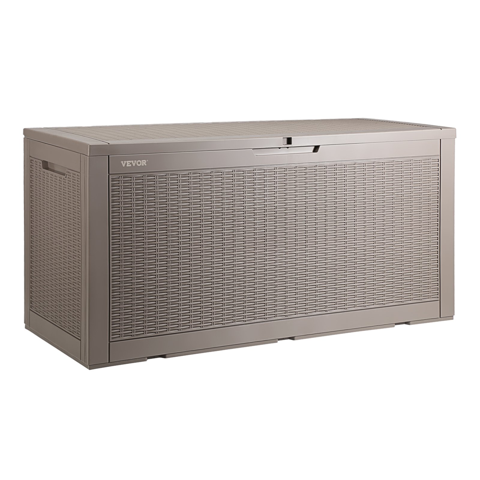 brown wicker-style plastic VEVOR deck box with handles and a lockable lid seen against white background.