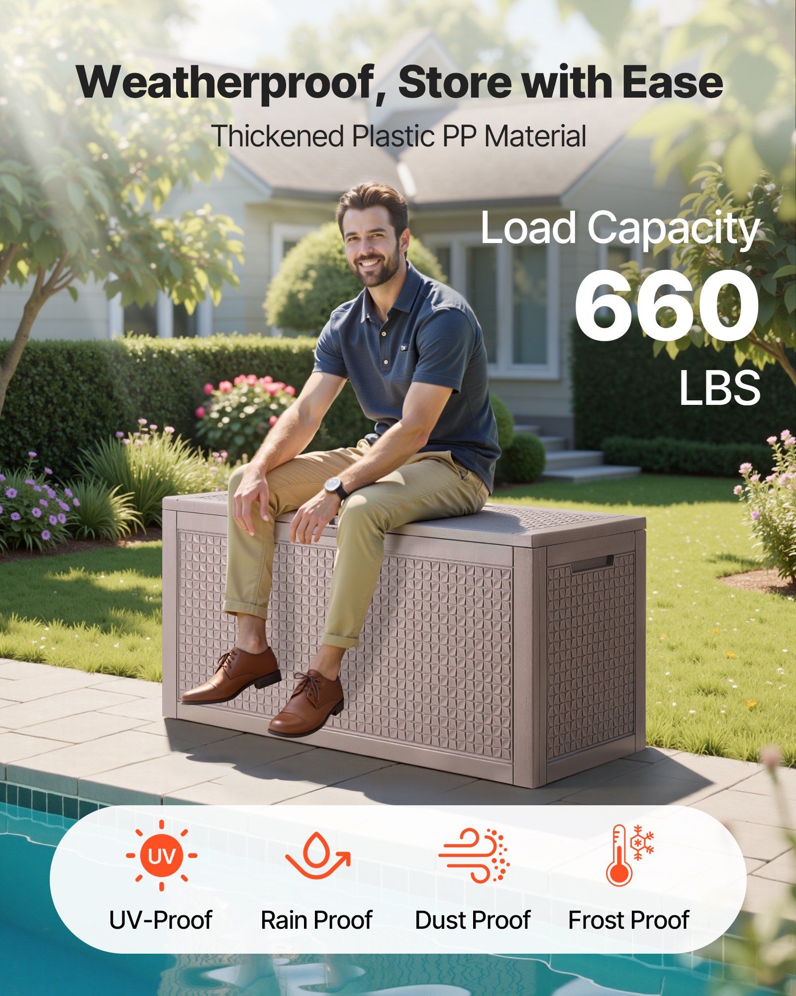 VEVOR Deck Box, 100 Gallon Outdoor Storage Box, 48.0" x 21.5" x 24.5", Waterproof PP Deckbox with Aluminum Alloy Padlock, for Patio Furniture, Pool Toys, Garden Tools, Outdoor Cushions, Gray