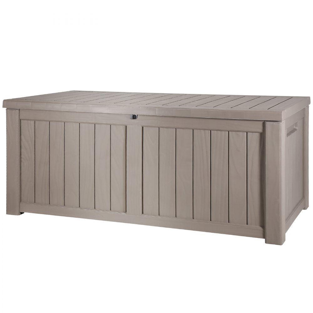 tan VEVOR deck box with slatted design and side handles for outdoor storage.