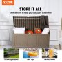 VEVOR deck box storing household items and toys, ideal for gardening supplies, pool toys, and delivery boxes.