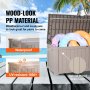 VEVOR deck box made from wood-look pp, waterproof, uv-resistant, and displayed with pool floats on a deck.