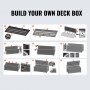 step-by-step assembly guide for VEVOR deck box with labeled instructions and detailed images.