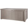 tan VEVOR deck box with slatted design and side handles for outdoor storage.