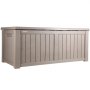 VEVOR deck box in beige with vented panels, sturdy lid, and handles for easy transport.