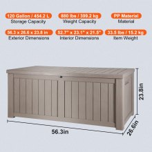 VEVOR Deck Box, 120 Gallon, 56.3" x 26.6" x 23.8" Outdoor Storage Box, Waterproof PP Deckbox with Aluminum Alloy Padlock, for Patio Furniture, Garden Tools, Pool Toys, Outdoor Cushions, Gray