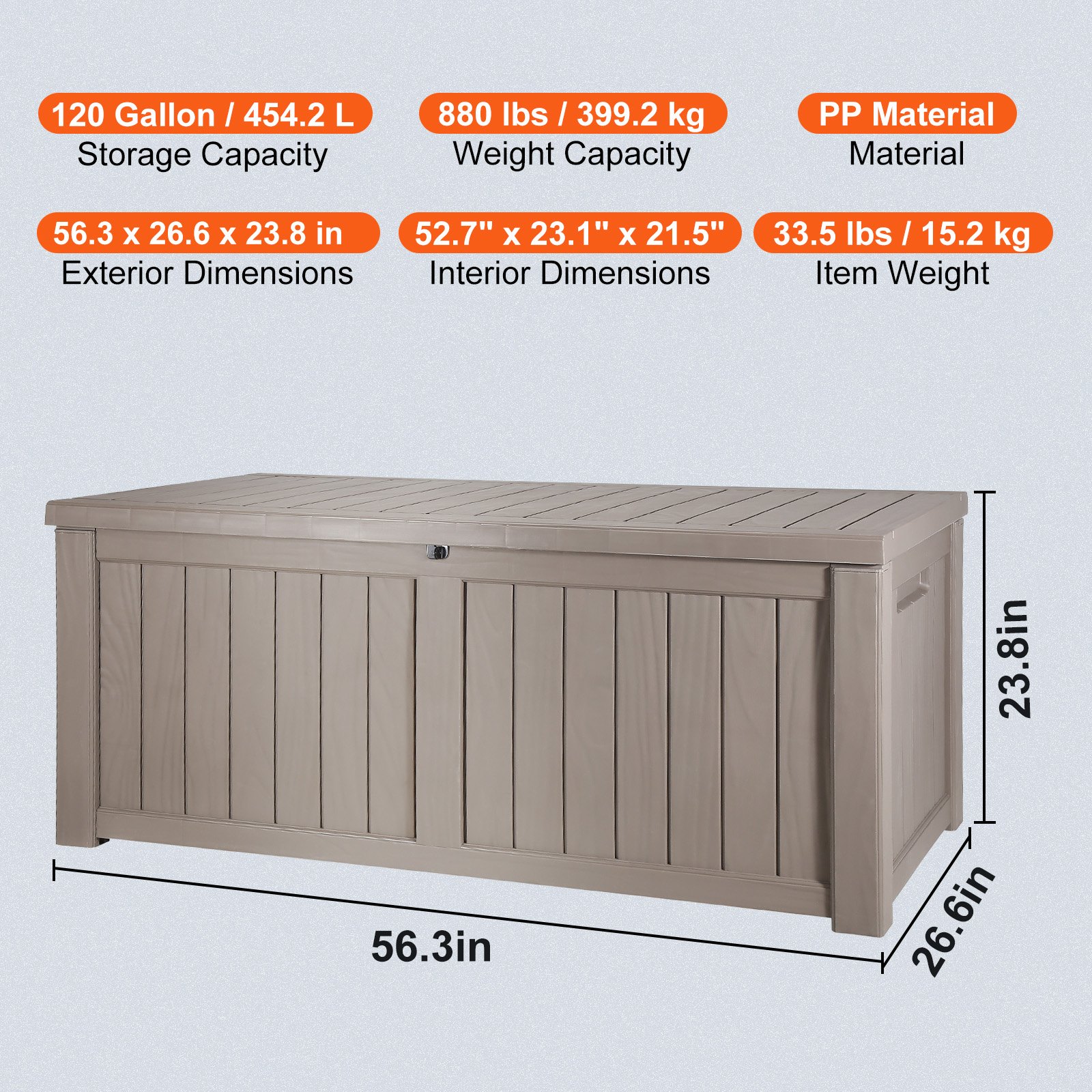 VEVOR deck box with 120-gallon storage, 880 lbs weight capacity, and made from pp material.