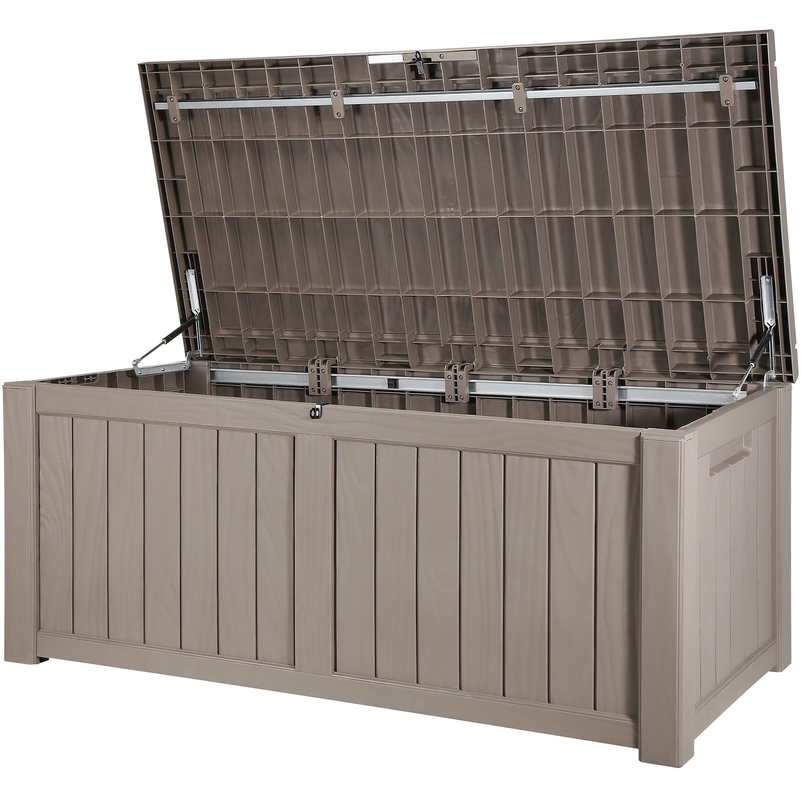 VEVOR deck box with open lid, showcasing large storage space and sturdy design.