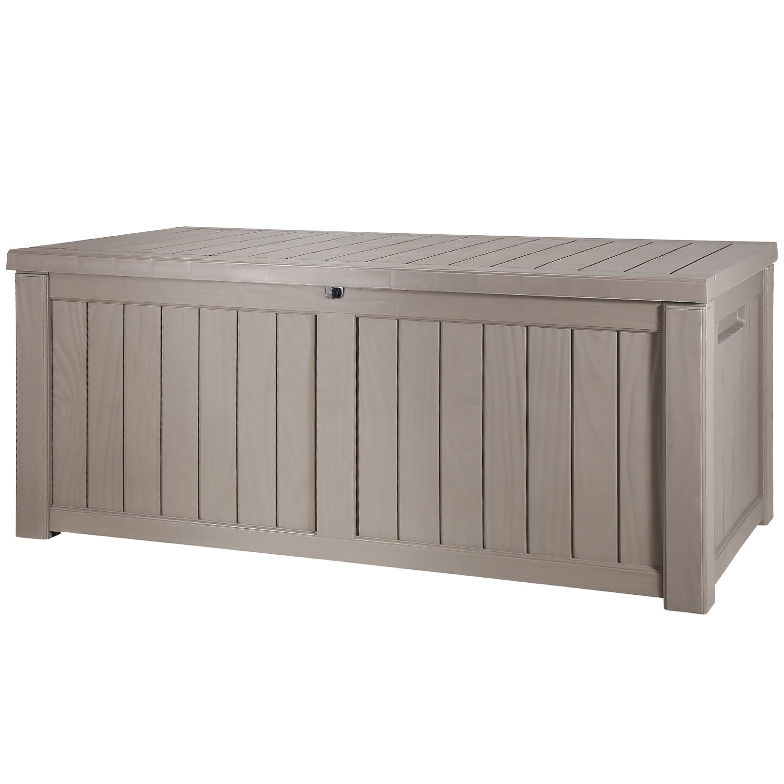 tan VEVOR deck box with slatted design and side handles for outdoor storage.