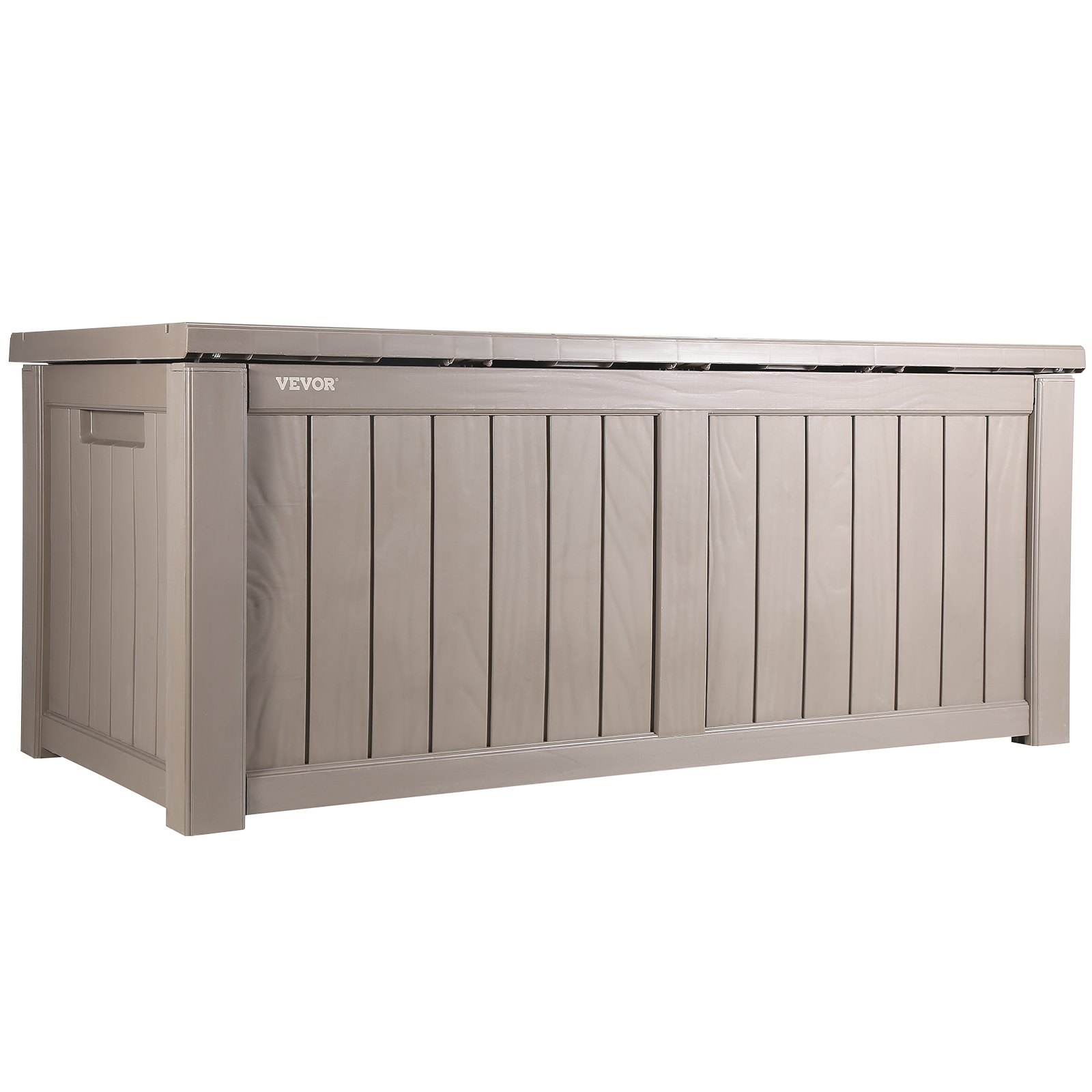 VEVOR deck box in beige with vented panels, sturdy lid, and handles for easy transport.