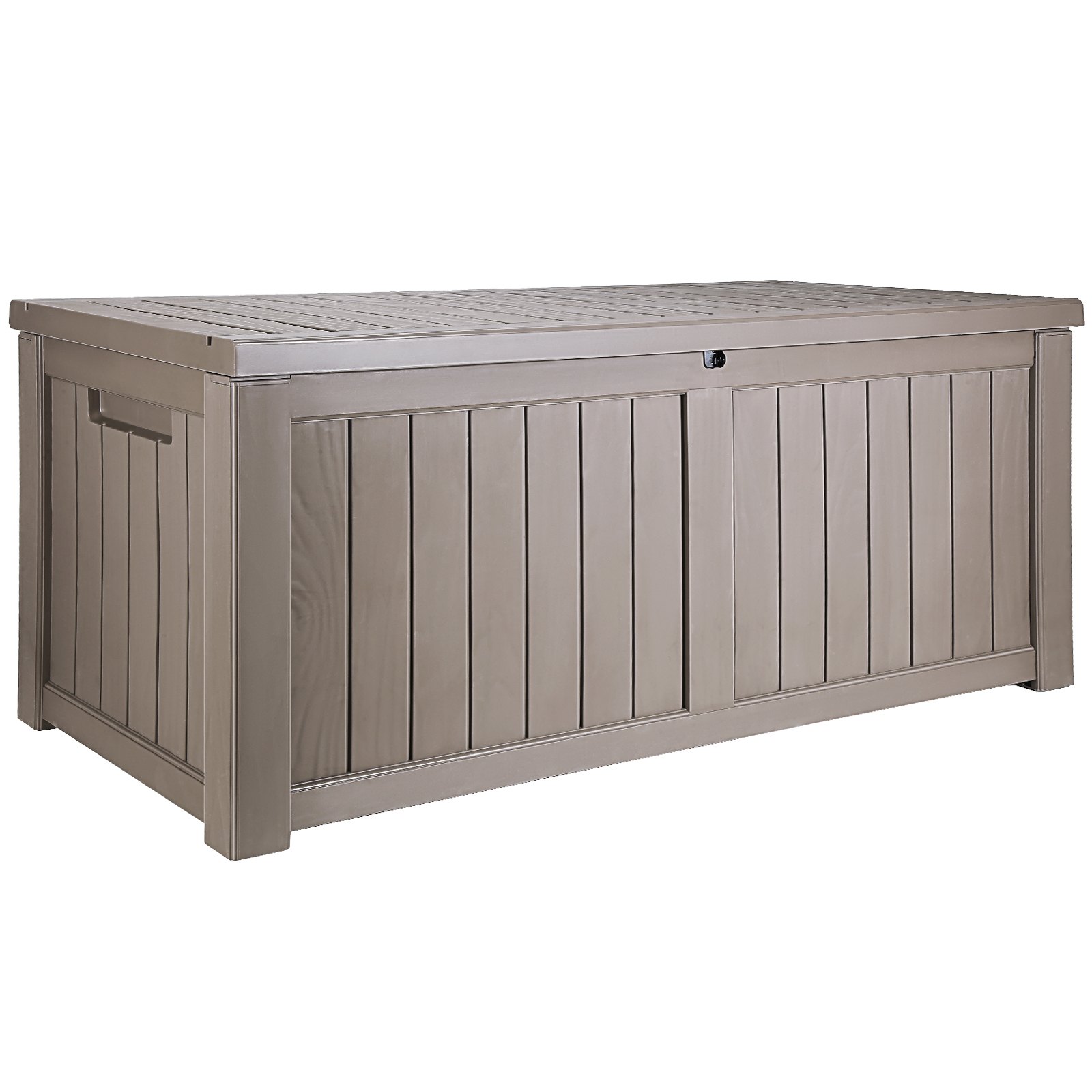 durable VEVOR deck box in brown with a slatted design and lockable lid. ideal for outdoor storage.
