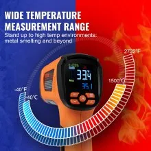 VEVOR Termómetro infrarrojo, -40 ~ 2732 °F Pistola de temperatura láser dual sin contacto, Pistola de temperatura de calor IR de mano con emisividad ajustable para fundición de metales/cocina/horno de pizza/motor (no para humanos)