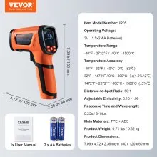 VEVOR Termómetro infrarrojo, -40 ~ 2732 °F Pistola de temperatura láser dual sin contacto, Pistola de temperatura de calor IR de mano con emisividad ajustable para fundición de metales/cocina/horno de pizza/motor (no para humanos)