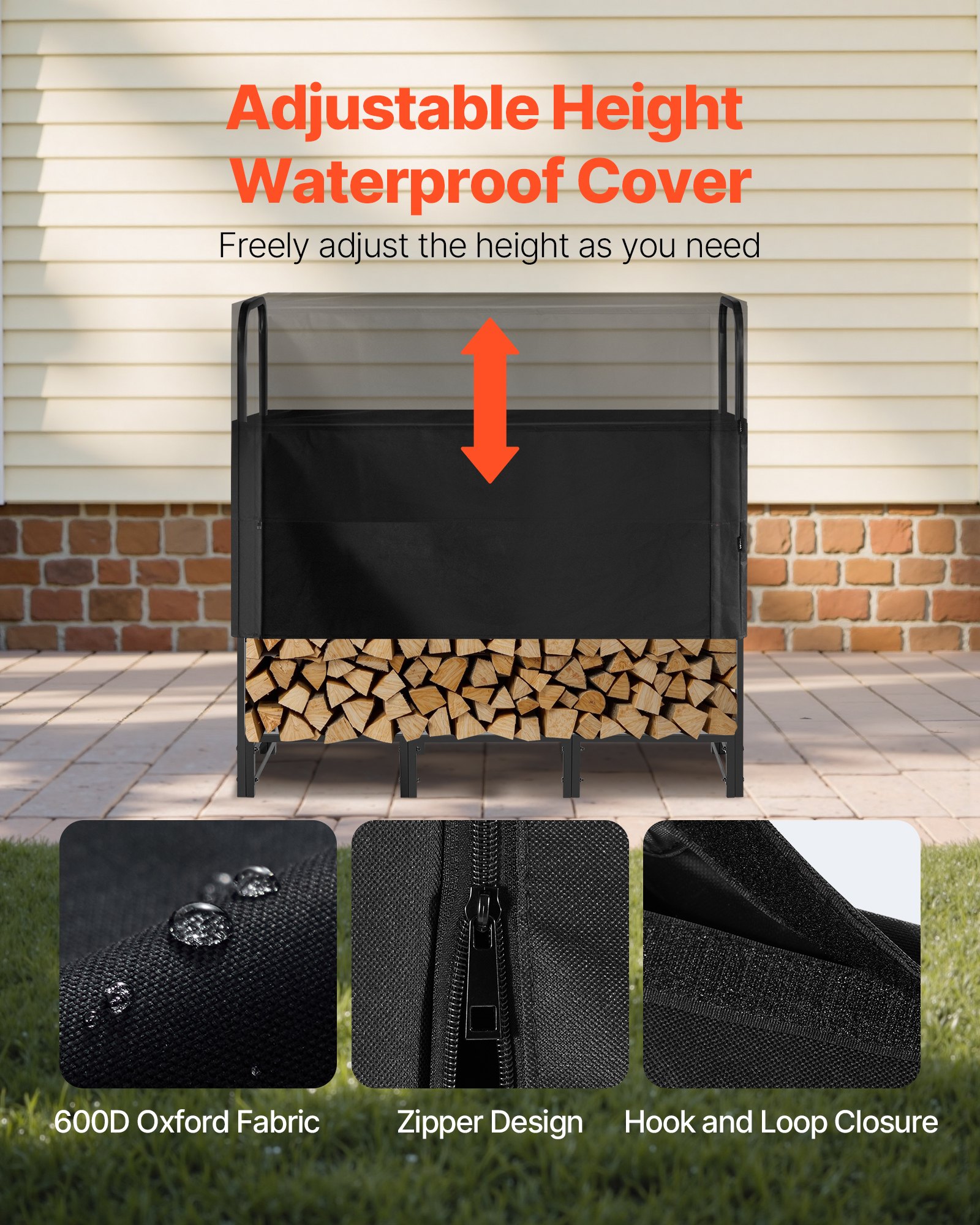 VEVOR Firewood Rack with Waterproof Cover, 1.22m Outdoor Firewood Holder, 1/4 Cord Storage Metal Log Holder, 400lb Max Weight Capacity, Top Covered, Powder-Coated Wood Storage Rack for Fireplace Deck