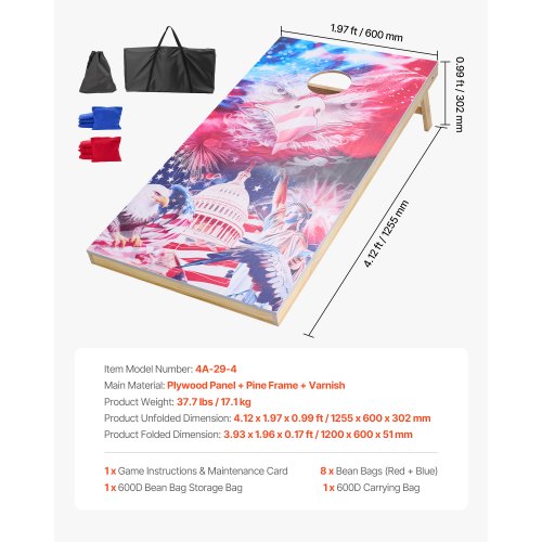 VEVOR Cornhole Set - 4x2 Ft Solid Wood Boards, Portable With Carrying Case, 8 Bean Bags, For Indoor/Outdoor Games - View #10