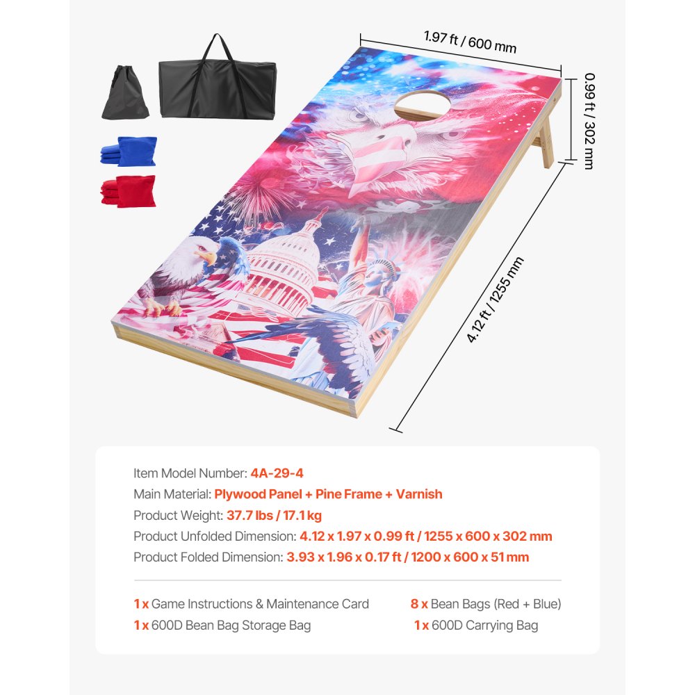 VEVOR Cornhole Set, 4x2 ft Corn Hole Game Boards, Solid Wood Portable Toss Board, Indoor and Outdoor Cornhole Play for Adults, Include 8 Bean Bags and Carrying Case, for Yard, Backyard, Beach, Camping