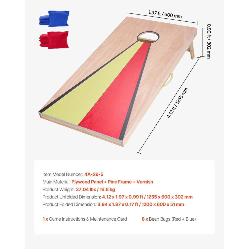 VEVOR Cornhole Set, 4x2 ft Corn Hole Game Boards, Solid Wood Portable Toss Board, Indoor and Outdoor Cornhole Play for Adults, Include 8 Bean Bags and Handle, for Yard, Backyard, Beach, Camping