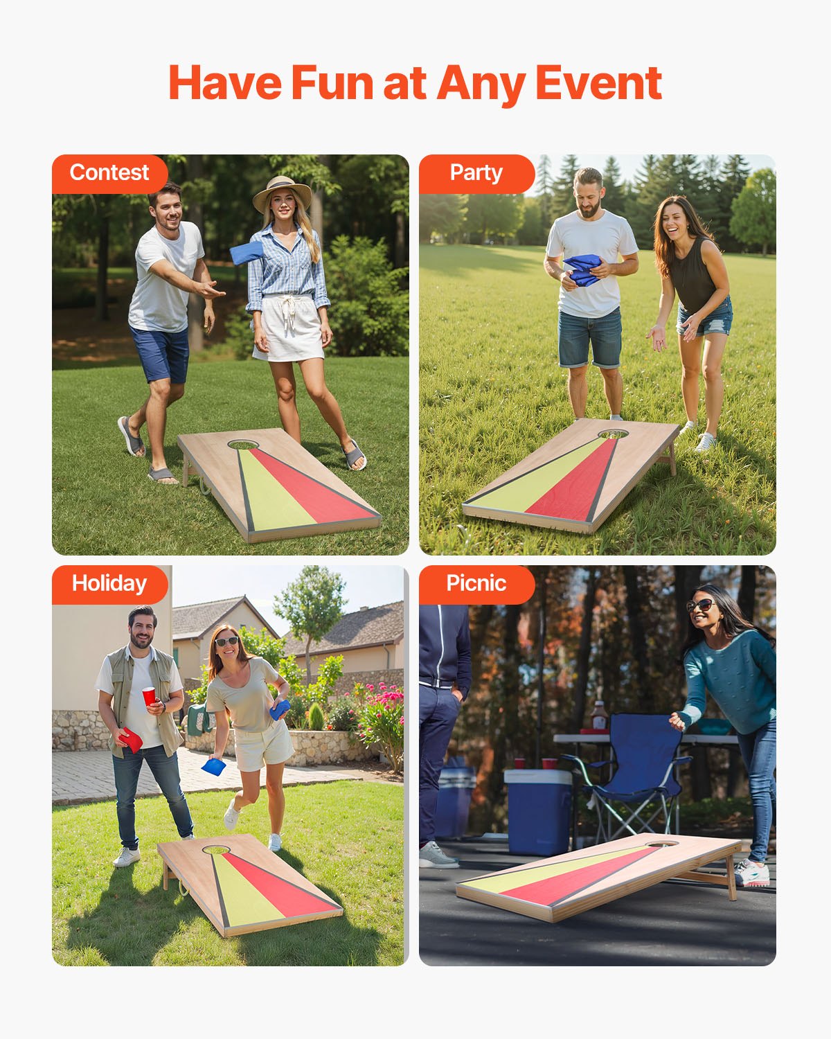 VEVOR Cornhole-sett, 4x2 fot Cornhole-spillbrett, bærbart kastebrett i heltre, innendørs og utendørs Cornhole-lek for voksne, inkluderer 8 saccosekker og håndtak, for hagen, bakgården, stranden, camping