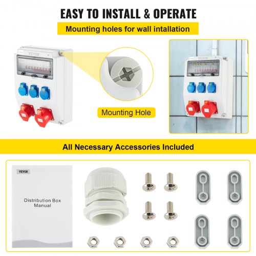 VEVOR Wall Power Distributor, ABS Plastic, Distribution Board with 3xSchuko Socket 230V/16A, 1xCEE Socket 400V/16A, 1xCEE Socket 400V/32A 5-Pin, 1/3-Pin Circuit Breaker, for Outdoor Construction Site
