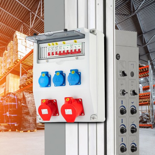 VEVOR Wall Power Distributor, ABS Plastic, Distribution Board with 3xSchuko Socket 230V/16A, 1xCEE Socket 400V/16A, 1xCEE Socket 400V/32A 5-Pin, 1/3-Pin Circuit Breaker, for Outdoor Construction Site