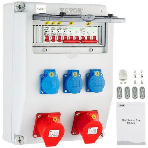 VEVOR Wall Power Distributor, ABS Plastic, Distribution Board with 3xSchuko Socket 230V/16A, 1xCEE Socket 400V/16A, 1xCEE Socket 400V/32A 5-Pin, 1/3-Pin Circuit Breaker, for Outdoor Construction Site