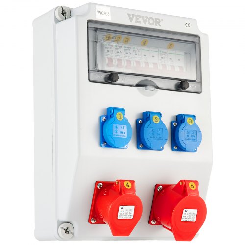 VEVOR Wall Power Distributor, ABS Plastic, Distribution Board with 3xSchuko Socket 230V/16A, 1xCEE Socket 400V/16A, 1xCEE Socket 400V/32A 5-Pin, 1/3-Pin Circuit Breaker, for Outdoor Construction Site