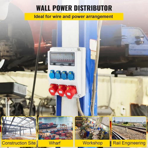 VEVOR Wall Power Distributor, ABS Plastic, Distribution Board with 4xSchuko Socket 230V/16A, 2xCEE Socket 400V/16A, 1xCEE Socket 400V/32A 5-Pin, 1/3-Pin Circuit Breaker, for Outdoor Construction Site