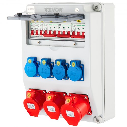 VEVOR Wall Power Distributor, ABS Plastic, Distribution Board with 4xSchuko Socket 230V/16A, 2xCEE Socket 400V/16A, 1xCEE Socket 400V/32A 5-Pin, 1/3-Pin Circuit Breaker, for Outdoor Construction Site