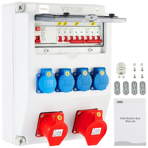 VEVOR Wall Power Distributor, ABS Plastic, Distribution Board with 4xSchuko Socket 230V/16A, 1xCEE Socket 400V/16A, 1xCEE Socket 400V/32A 5-Pin, FI Fuse, Circuit Breaker, for Outdoor Construction Site