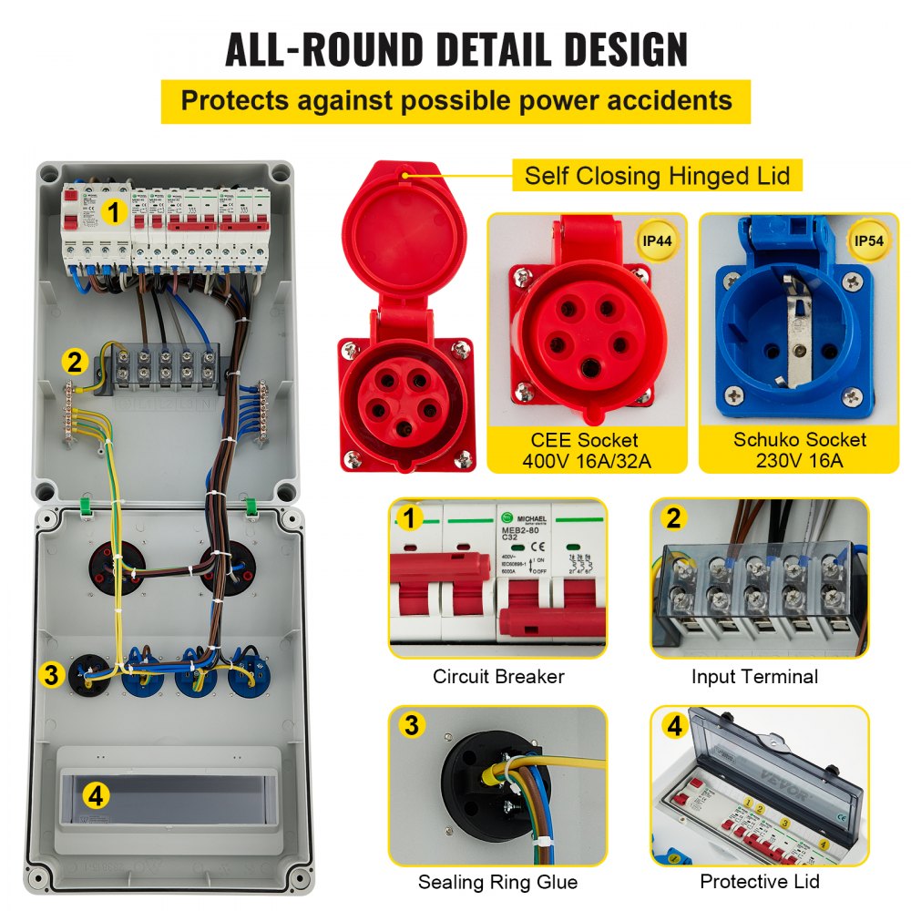 VEVOR Wall Power Distributor, ABS Plastic, Distribution Board with 4xSchuko Socket 230V/16A, 1xCEE Socket 400V/16A, 1xCEE Socket 400V/32A 5-Pin, FI Fuse, Circuit Breaker, for Outdoor Construction Site