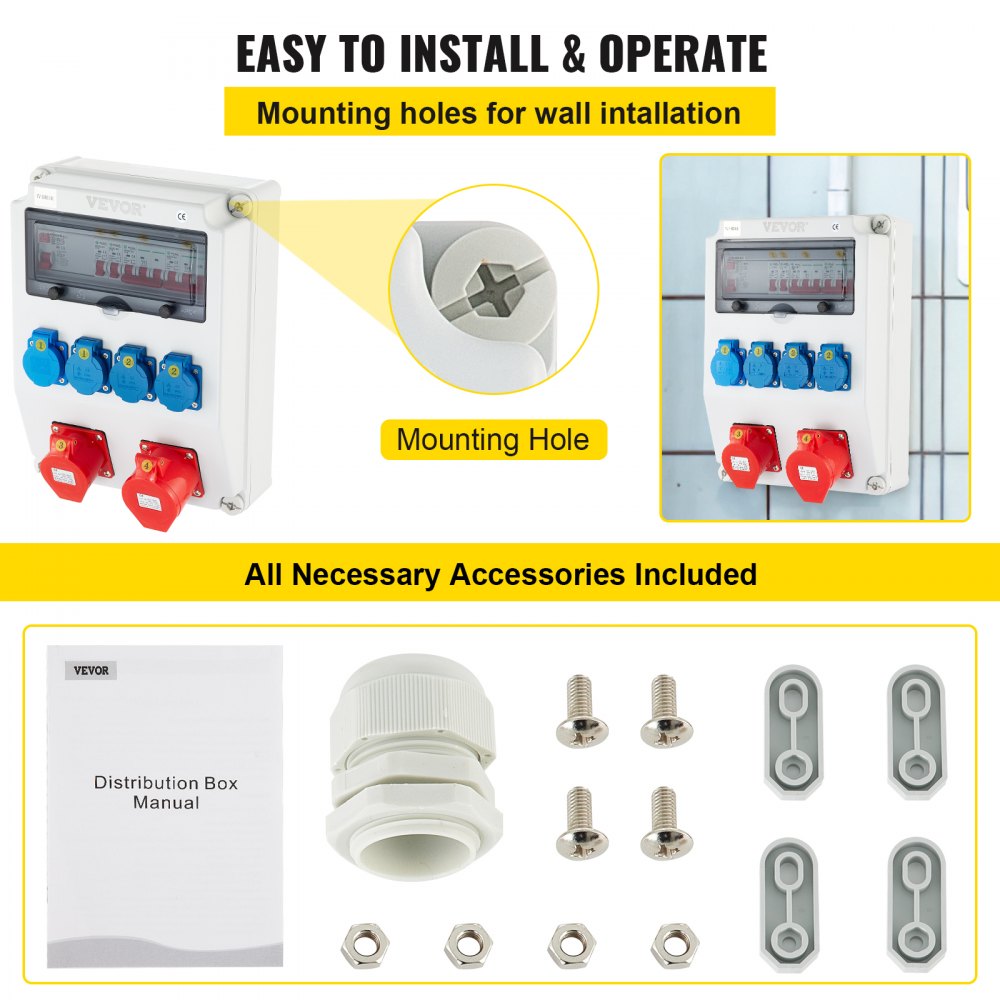 VEVOR Wall Power Distributor, ABS Plastic, Distribution Board with 4xSchuko Socket 230V/16A, 1xCEE Socket 400V/16A, 1xCEE Socket 400V/32A 5-Pin, FI Fuse, Circuit Breaker, for Outdoor Construction Site