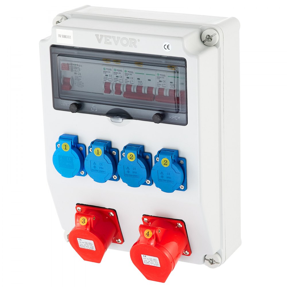 VEVOR Wall Power Distributor, ABS Plastic, Distribution Board with 4xSchuko Socket 230V/16A, 1xCEE Socket 400V/16A, 1xCEE Socket 400V/32A 5-Pin, FI Fuse, Circuit Breaker, for Outdoor Construction Site