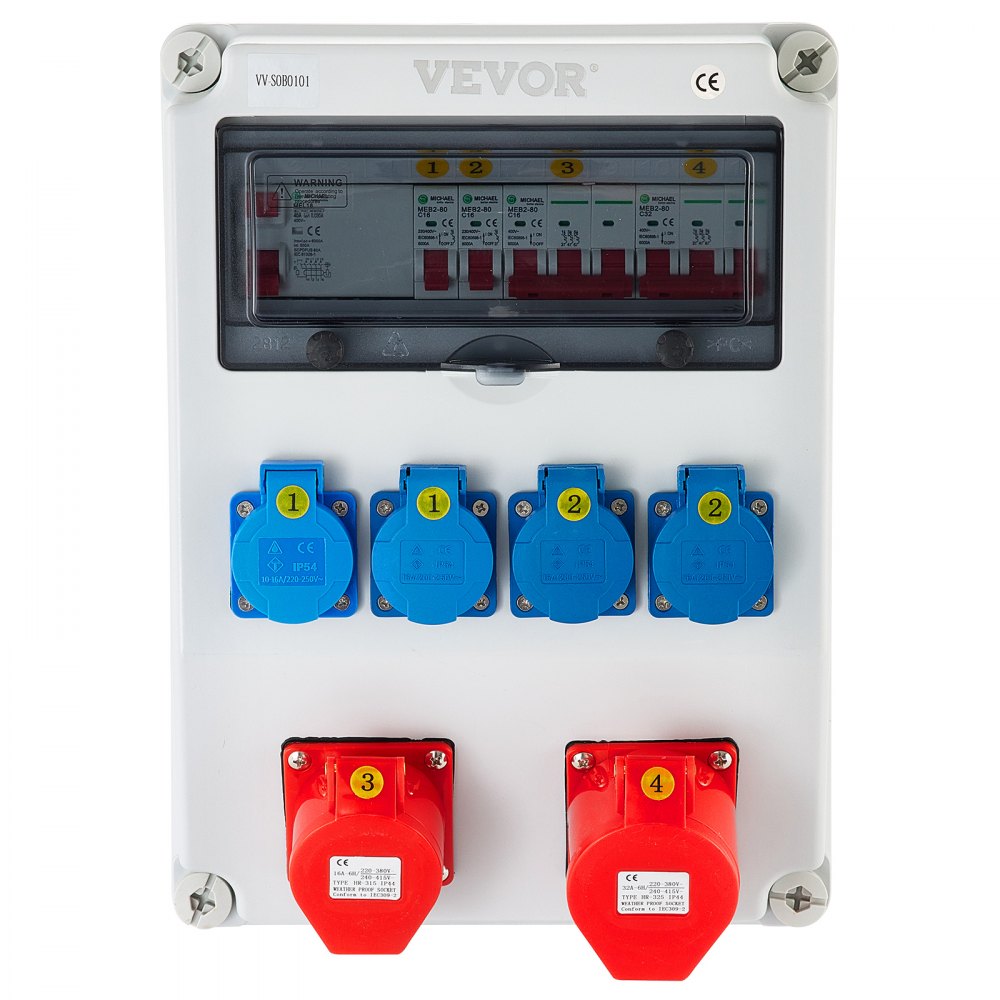 VEVOR Wall Power Distributor, ABS Plastic, Distribution Board with 4xSchuko Socket 230V/16A, 1xCEE Socket 400V/16A, 1xCEE Socket 400V/32A 5-Pin, FI Fuse, Circuit Breaker, for Outdoor Construction Site