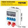 VEVOR Wall Power Distributor, ABS Plastic, Distribution Board with 4xSchuko Socket 230V/16A, 1xCEE Socket 400V/16A, 1xCEE Socket 400V/32A 5-Pin, FI Fuse, Circuit Breaker, for Outdoor Construction Site