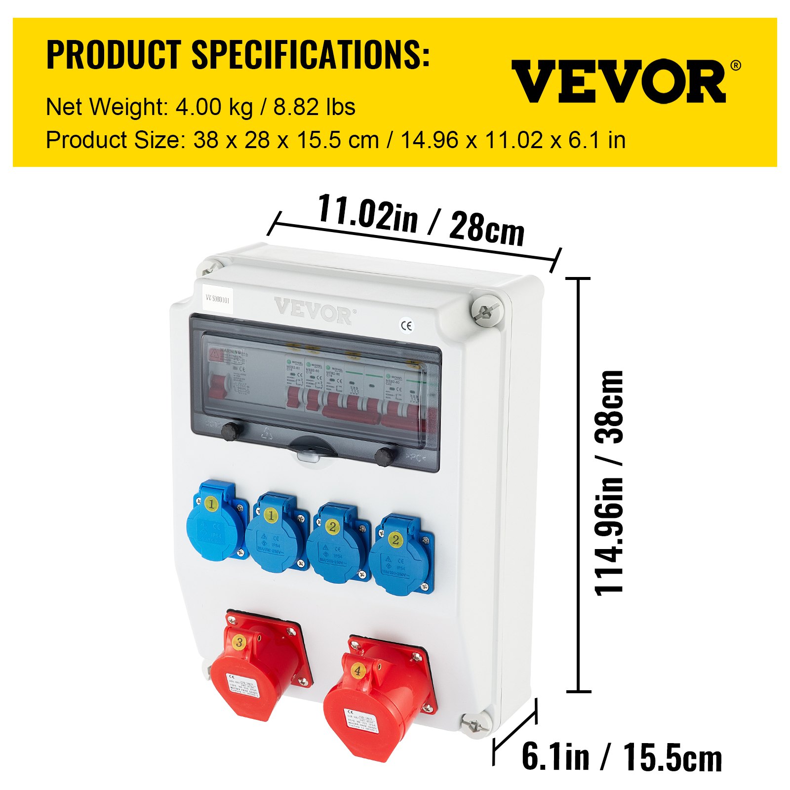 VEVOR Wall Power Distributor, ABS Plastic, Distribution Board with 4xSchuko Socket 230V/16A, 1xCEE Socket 400V/16A, 1xCEE Socket 400V/32A 5-Pin, FI Fuse, Circuit Breaker, for Outdoor Construction Site