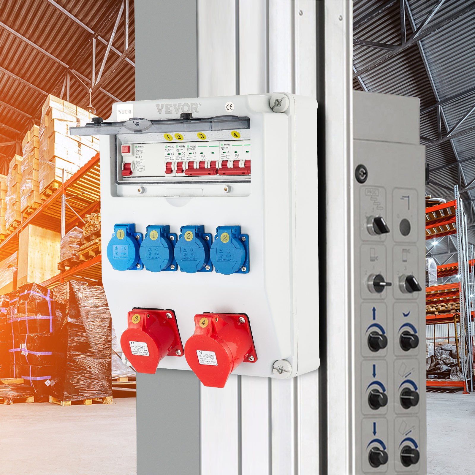 VEVOR Wall Power Distributor, ABS Plastic, Distribution Board with 4xSchuko Socket 230V/16A, 1xCEE Socket 400V/16A, 1xCEE Socket 400V/32A 5-Pin, FI Fuse, Circuit Breaker, for Outdoor Construction Site