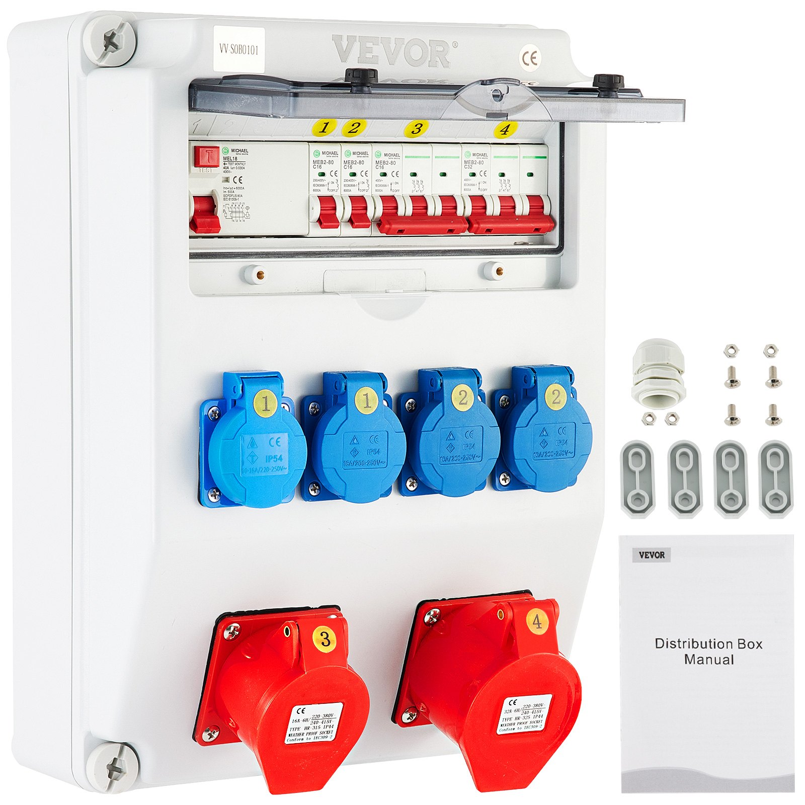 VEVOR Wall Power Distributor, ABS Plastic, Distribution Board with 4xSchuko Socket 230V/16A, 1xCEE Socket 400V/16A, 1xCEE Socket 400V/32A 5-Pin, FI Fuse, Circuit Breaker, for Outdoor Construction Site