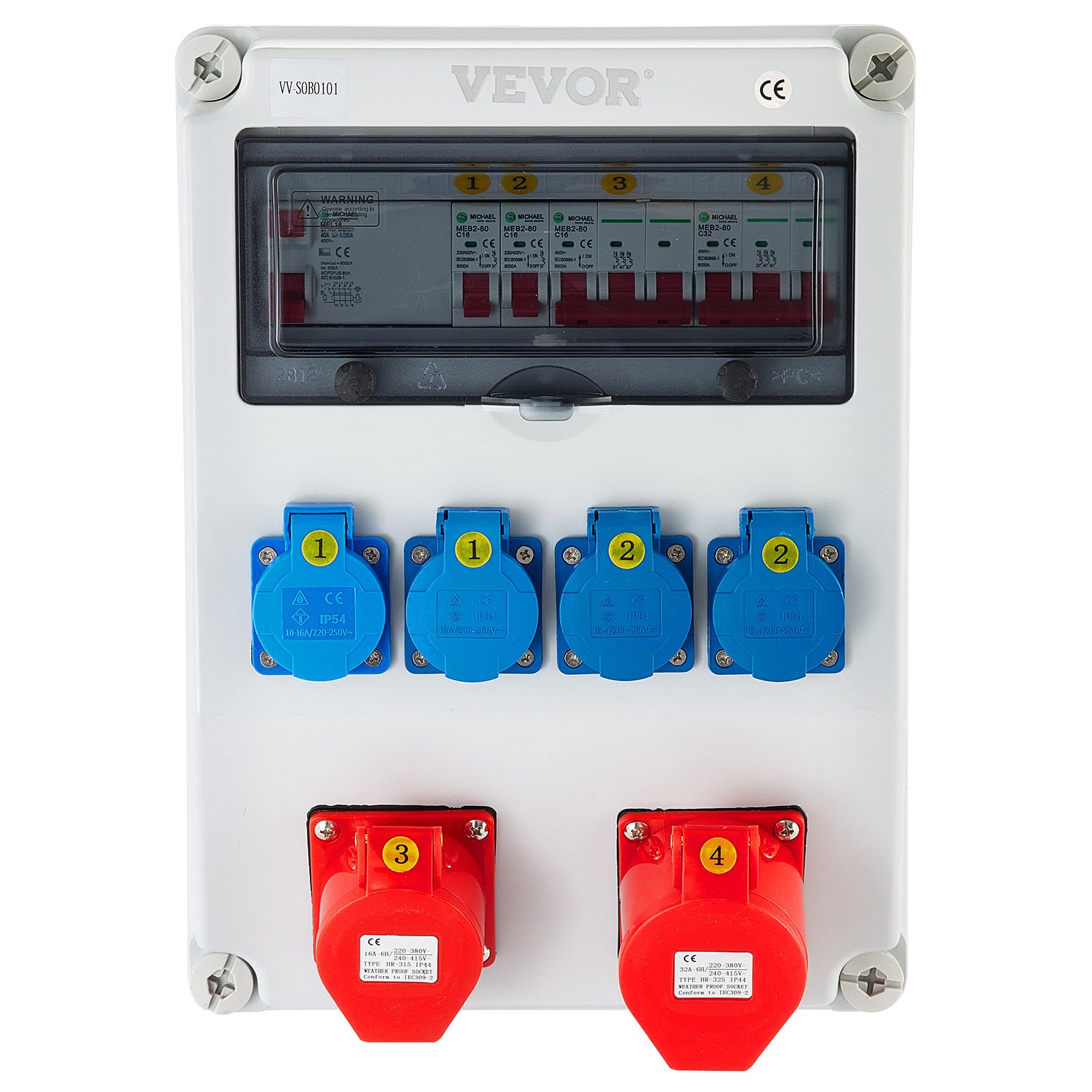 VEVOR Wall Power Distributor, ABS Plastic, Distribution Board with 4xSchuko Socket 230V/16A, 1xCEE Socket 400V/16A, 1xCEE Socket 400V/32A 5-Pin, FI Fuse, Circuit Breaker, for Outdoor Construction Site