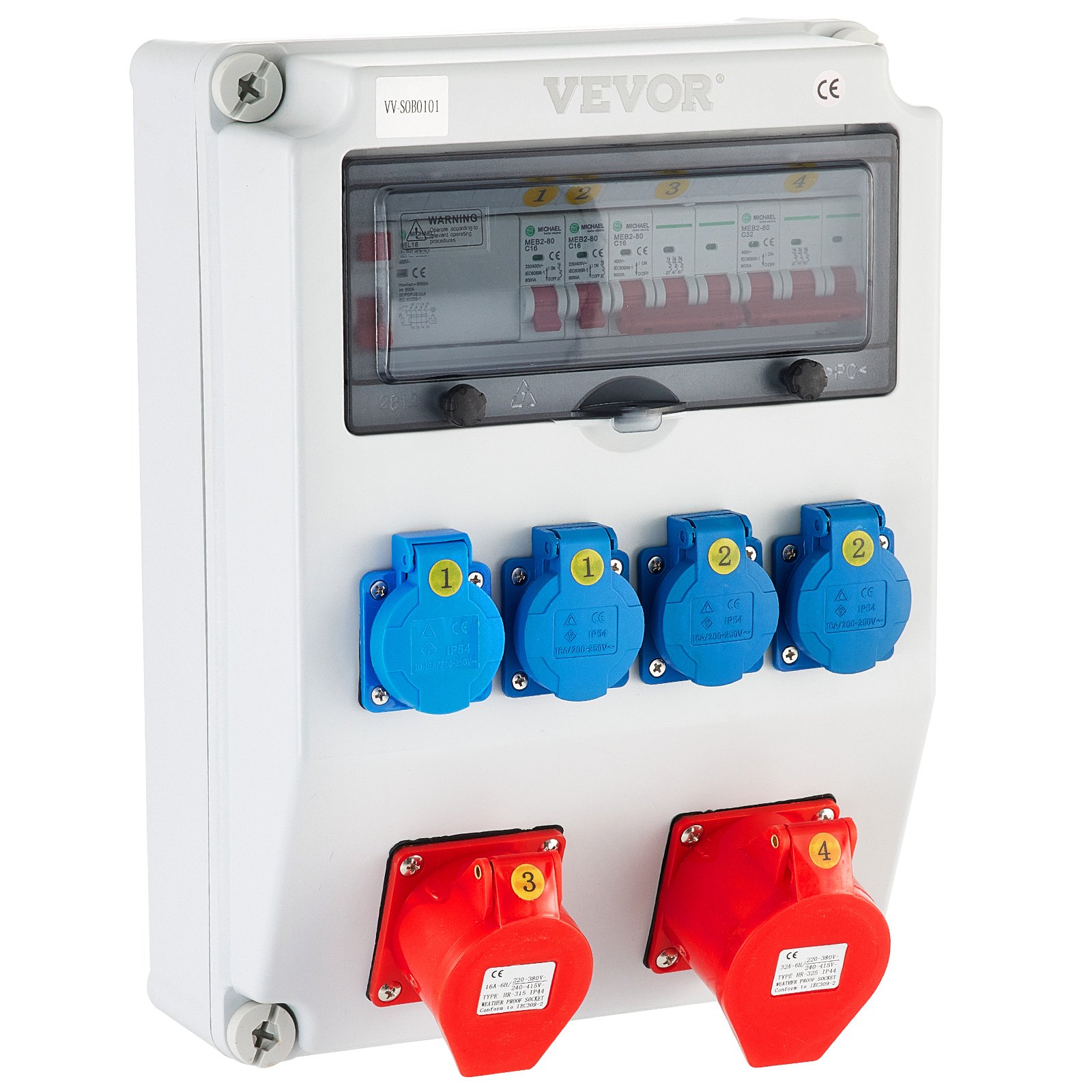 VEVOR Wall Power Distributor, ABS Plastic, Distribution Board with 4xSchuko Socket 230V/16A, 1xCEE Socket 400V/16A, 1xCEE Socket 400V/32A 5-Pin, FI Fuse, Circuit Breaker, for Outdoor Construction Site