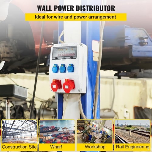 VEVOR Wall Power Distributor, ABS Plastic, Distribution Board with 3 x Schuko Socket 230V/16A Blue ABL IP54, 2 x CEE Socket 400V/16A 5-Pin Red ABL IP44, Circuit Breaker, for Outdoor Construction Site